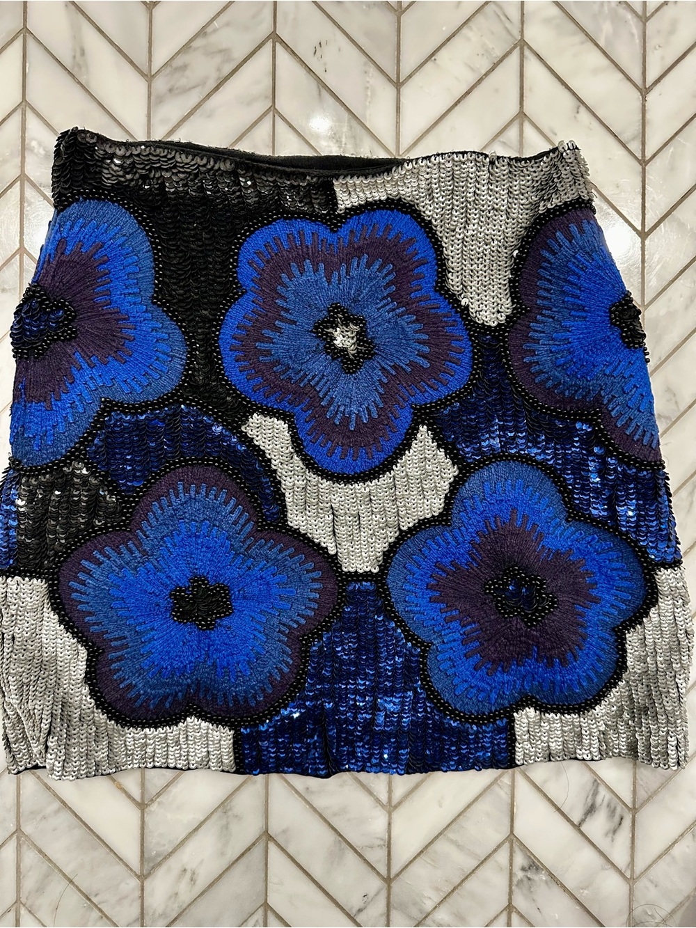 French Connection Blue Floral Sequin Mini Skirt - Blue & Black